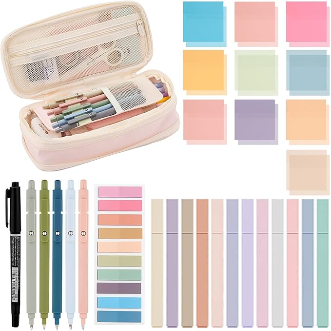 39-Piece Aesthetic Book Annotation Kit with Pencil Case, Highlighters, Gel Pen, 700 Clear Sticky Notes, and Index Tabs – Ideal for School, College, Teachers, Office and Bible Journaling
