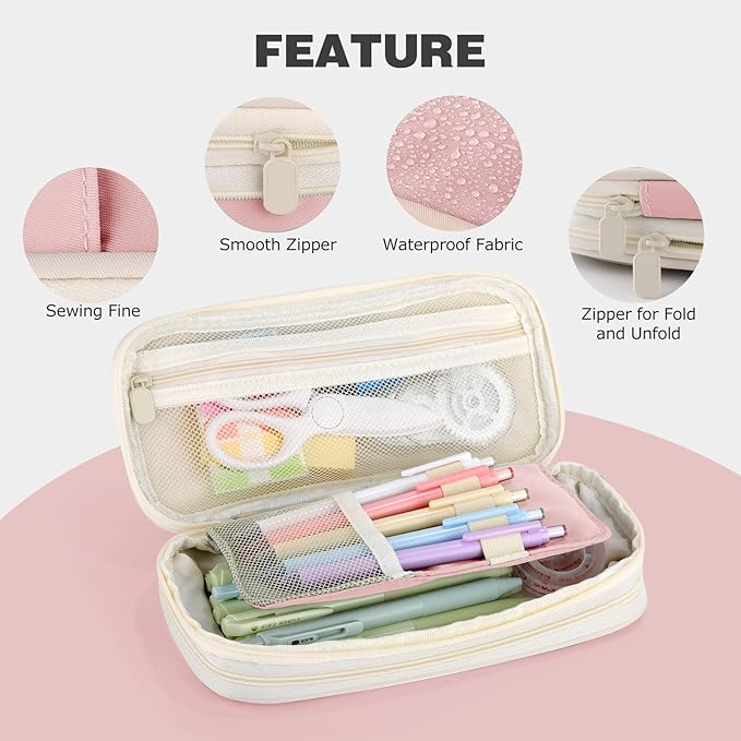 Large Capacity Pencil Case with Zipper, Aesthetic Pencil Pouch, Portable Stationery Organizer Bag for Teen and Adults, Big Pencil Bag for College, Office, Travel - Pink