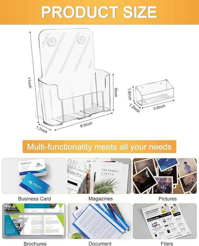 Acrylic Brochure Holder 8.5 x 11, 2 Pack Clear Brochure and Business Rack Card Holder Stand, Wall Mount Flyer Holder for Store Office Magazine Pamphlet Literature Document Menu Journals