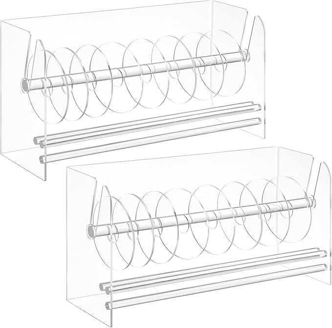 2 Pcs Label Roll Holders, Transparent Acrylic Tape Dispensers, Adjustable Desktop Sticker Roll Holders for Office and Home, Clear Sticker Roll Holders with Removable Divider Disks