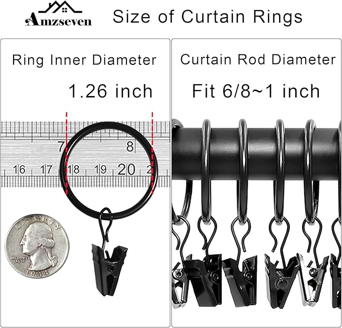 AMZSEVEN 90 Pack Curtain Rings with Clips, Drapery Clips with Rings, Drapes Rings 1.26 in Interior Diameter, Fits up to 1 in Curtain Rod, Black