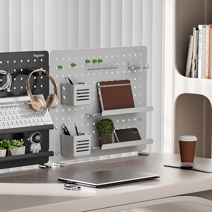 PEGZONE Clamp-on Desk Pegboard, Desk Organizer for Office Gaming Home, Magnetic Metal Peg Board with 15 Accessories, Privacy Panel for Office, 20.4" x 16.5", Large, White