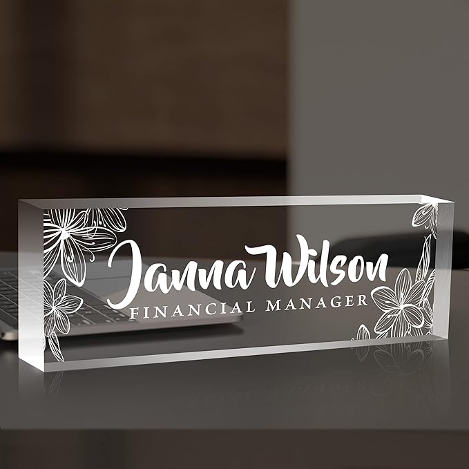 Personalized Desk Name Plate, Custom Acrylic Glass Name Plates for Desks, Office Desk Decor Nameplate, Desk Accessories, Teacher Boss Coworkers Employee Appreciation Gift (Engraved Flower 2)
