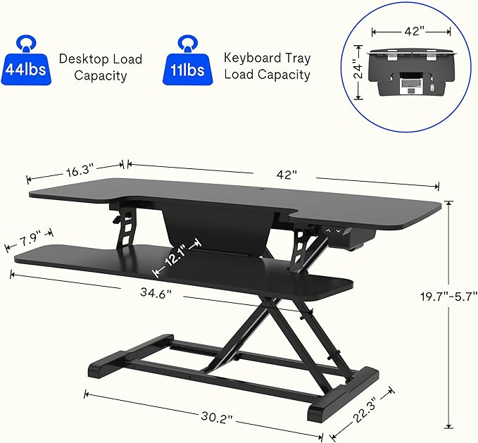 FLEXISPOT Electric Standing Desk Converter 42" Height Adjustable Desk 55 LBS Weight Capacity Motorized Stand up Desk Riser with Quick Release Keyboard Tray for Office Home