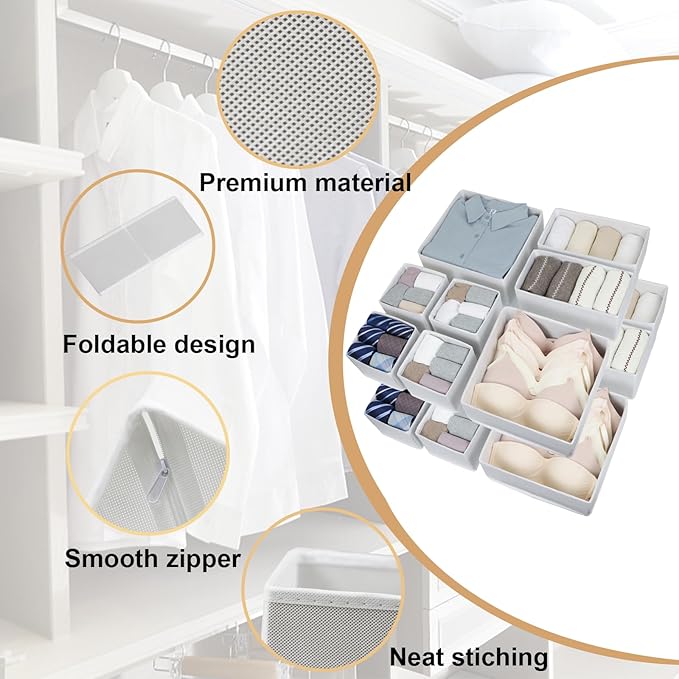 16 Pack Drawer Organizer Clothes, Foldable Fabric Dresser Organizer Closet Organizers and Storage Box for Underwear,Folded Clothes,Baby Clothing,Socks,Bra,Towels,Ties(White)