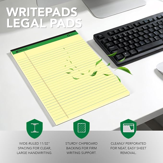 KAISA Legal Notepads 8.5"x11.75"，12pads 600 Sheets note pads office supplies Recycled Paper 8.5"x11.75" Wide Ruled 50 sheets Hard Back Notepads 8-1/2"x 11-3/4" Writing Tablet Canary For Office Supplies (Pack of 12) KSU-5668