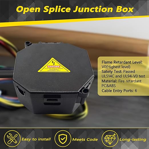 Black Open Splice Junction Box (2 Pack), Electrical Splice Box Wire Junction Box with Cover V0 Flame Retardant Rating(Highest Level)