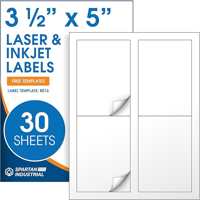 3 1/2" X 5" Matte White Printable Labels for Inkjet and Laser Printers - 30 Sheets, 120 Custom Stickers for Shipping Labels, Address Stickers, Organization - Spartan Industrial Template R016