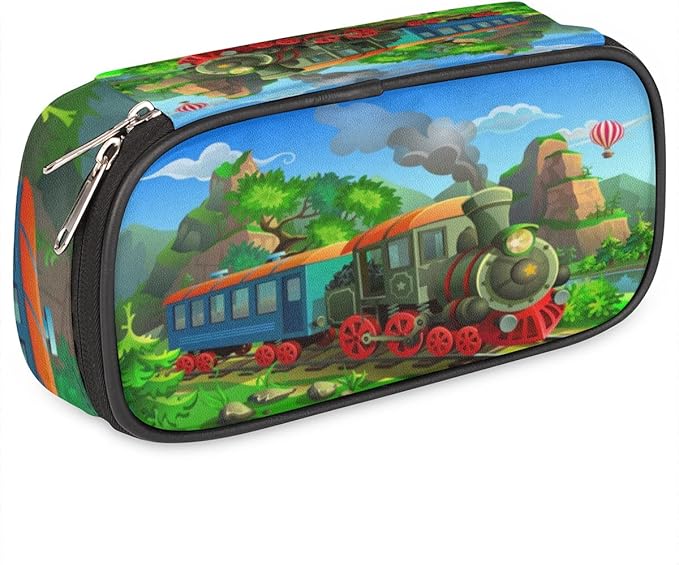 Pardick Vintage Steam Train Big Capacity Pencil Pen Case Cute Steam Train Large Pencil Pouch with Zipper Compartments Pencil Bag for Boys Girls Adults Student Office School Supplies