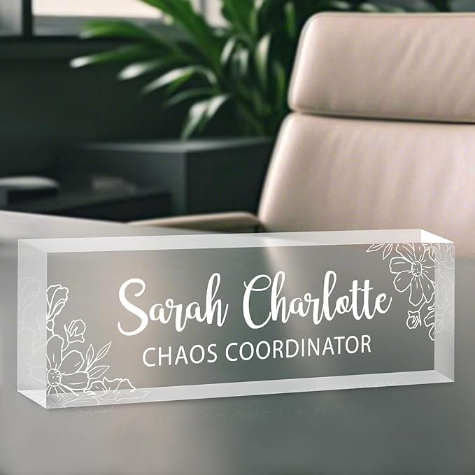 Custom Name Plate for Desk, Personalized Desk Name Plate on Clear Acrylic Glass, Appreciation Gifts for Teacher Employee Boss Coworkers Nurse, Office Desk Accessories for Women Men (Engraved Bloom)