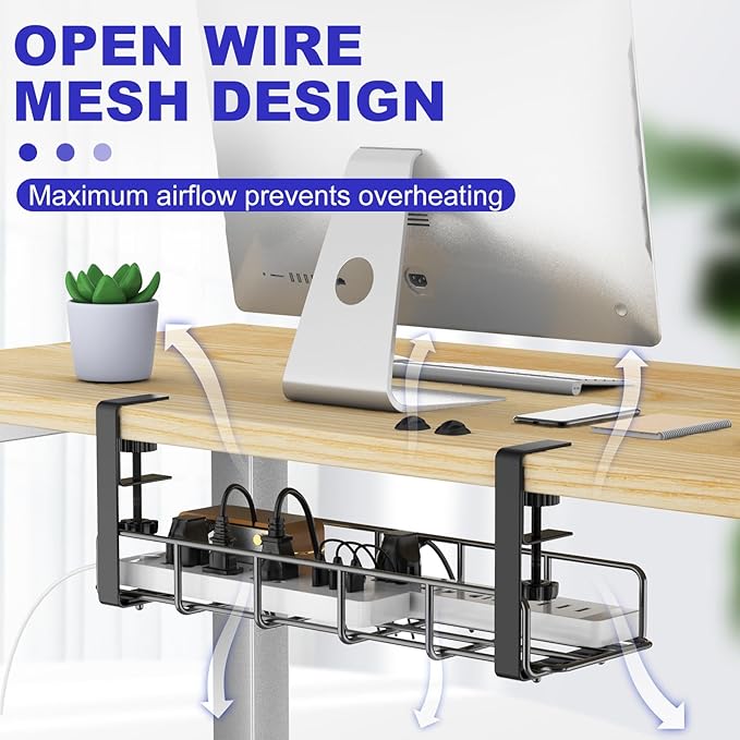 Under Desk Cable Management Tray, 31.5'' No Drill Steel Cable Tray Organizers, Wire Management Tray Cable Rack with Clamp Mount, Metal Under Desk Tray with Wire and Cord Organizer (Black, 1 Pack)