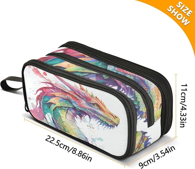 Watercolor Dragon Pencil Case Box Boys Girls Large Pencil Pouch with Zipper Compartments Big Capacity Stationery Pen Bag Organizer for Kids Teens Adults School Office