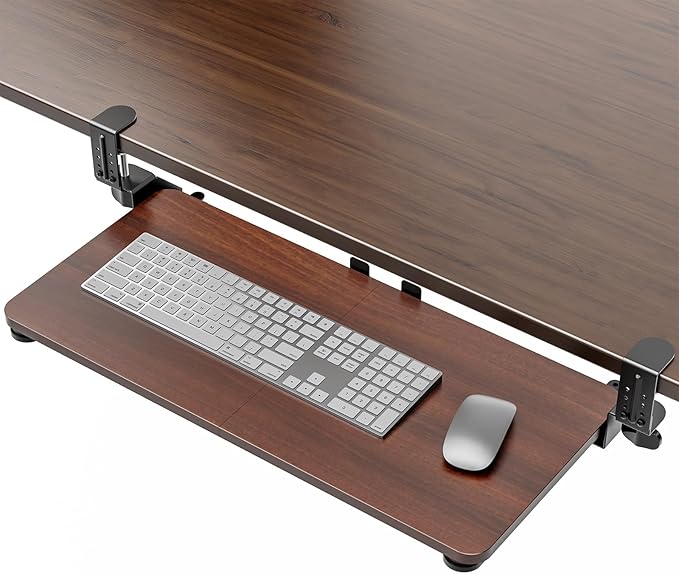 Large Keyboard Tray Under Desk, Pull Out Keyboard & Mouse Tray with Adjustable C-clamp, 25.6(31.5 Including Clamps) x 11.8 Inch Slide Out Computer Keyboard Drawer Mouse Tray for Typing, Walnut