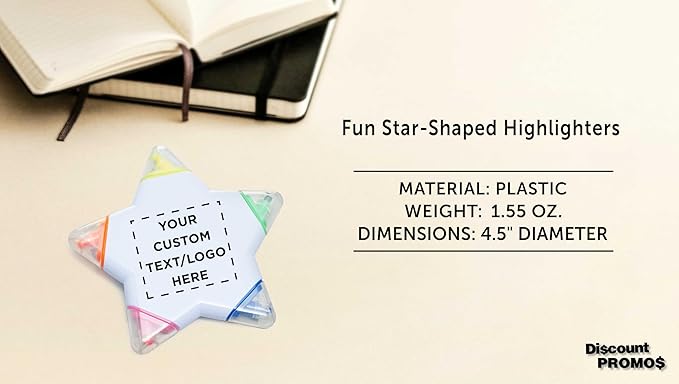 DISCOUNT PROMOS Custom Highlighters Set of 10/50/100, Personalized Bulk Pack Durable Chisel Tip Textbook Highlighters Handy and Easy to Store - Star