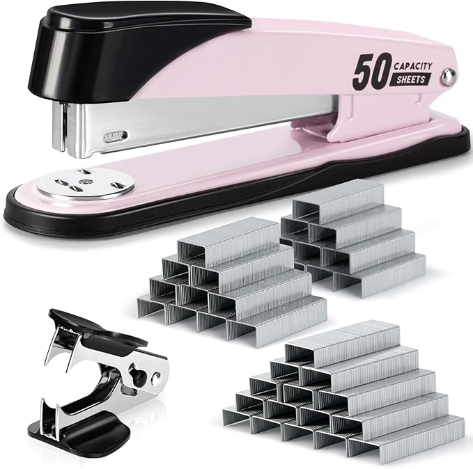 Deli Stapler Heavy Duty, Full Strip Staplers for Desk with 2000 Staples and Staple Remover, 50 Sheet Capacity, No Jam, Non-Slip Office Stapler with Staples for Office, Classroom, Pink
