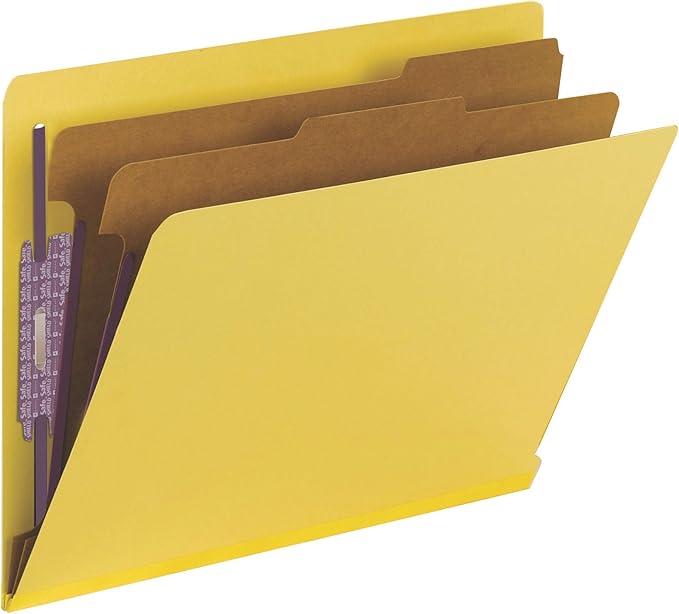 Smead 100% Recycled End Tab Pressboard Classification File Folder with SafeSHIELD Fasteners, 2 Dividers, 2" Expansion, Letter Size, Yellow, 10 per Box (26789)