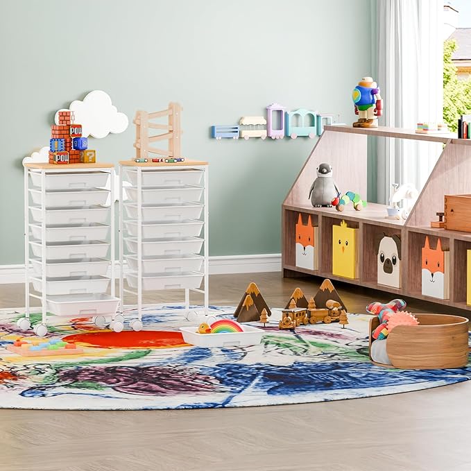 Rolling Cart with 8 Drawers, Art Cart with Large Storage Drawers and Thick Wooden Tabletop, Utility Craft Cart for Living Room, Office, Classroom, Craft Room, Bedroom, Dorm, White