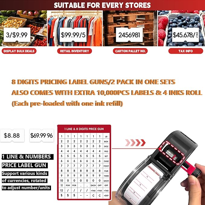 2 Pack Price Gun 1 Line & 8 Digits Pricing Label Guns with Blank White Labels, Ink Refill Sets for Label Price Print, Groceries Store, Small Business, Supermarket