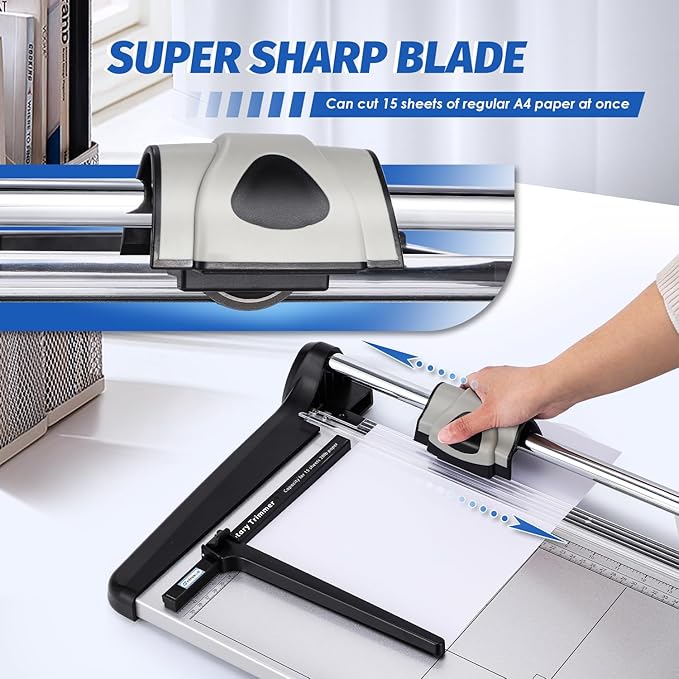 Rotary Paper Trimmer, 15 Sheets Heavy Duty Paper Trimmer, 360mm(14.17") Cutting Length, Commercial Grade Rotary Paper Cutter for Home/Office/School, Black & Silver