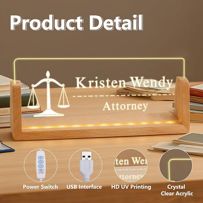 Ships Next Day, Custom Name Plate for Desk - The Lawyer Business Light Up Acrylic Desk Name Plate Personalized Lawyer Office Appreciation Gifts, Office Decor for Women Men