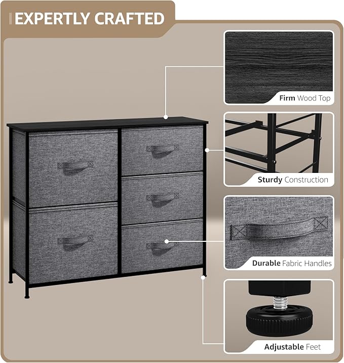 Sorbus Dresser with 5 Drawers - Chest Organizer Unit with Steel Frame Wood Top & Handle Easy Pull Fabric Bins for Clothes - Storage Furniture for Bedroom, Hallway, Living Room, Nursery & Closet