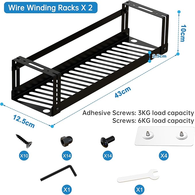 Under Desk Cable Management Tray, 17 in Metal Cable Tray Basket for Wire Management, Power Strip Holder, Cord Organizer, Wire Tamer for Home/Office Desk Cable Hider Black, 2 Pack