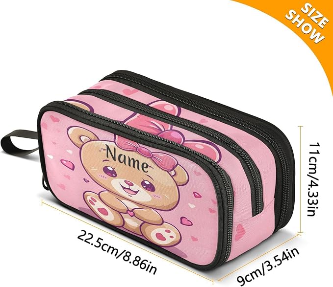 Custom Cute Teddy Bear Pencil Case Box Boys Girls Personalized Name Large Pencil Pouch Stationery Pen Bag Organizer for Kids Adults School Office