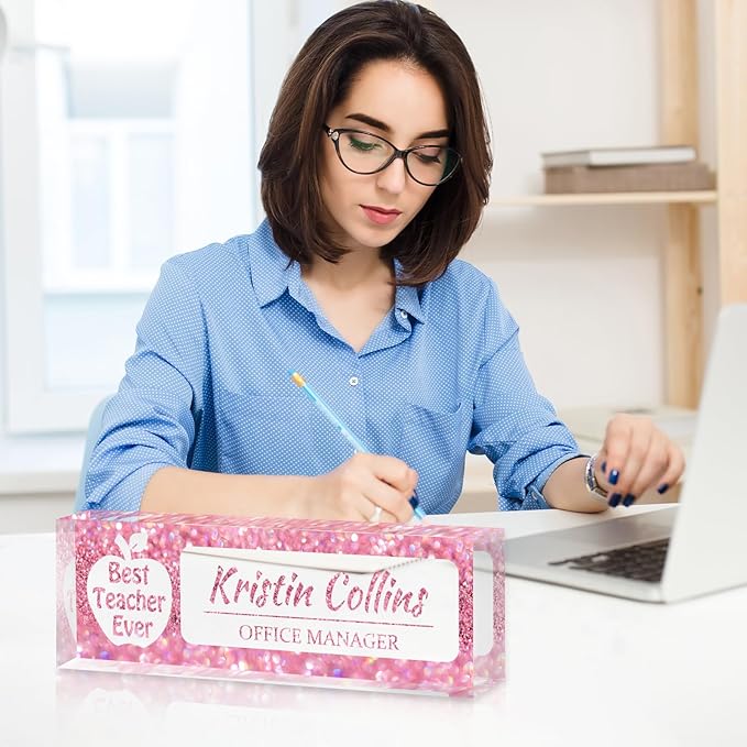 Custom Name Plate for Desk, Personalized Desk Name Plate on Clear Acrylic Glass, Appreciation Gifts for Teacher Employee Boss Coworkers Nurse, Office Desk Accessories for Women Men (Taffy)