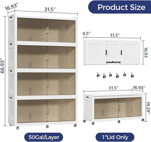 200 Gallon Extra Large Collapsible Storage Bin with Lid, 960QT Stackable Plastic Organizer with 6x Wheels, Foldable Drawer Cabinet for Closet, Living Room Office, Kitchen 4Pack, White