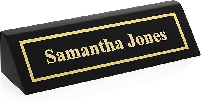 Providence Engraving Personalized Wood Desk Name Plate for Office with Custom Laser Engraved Piano Finish Desk Wedge in Black, 2x10