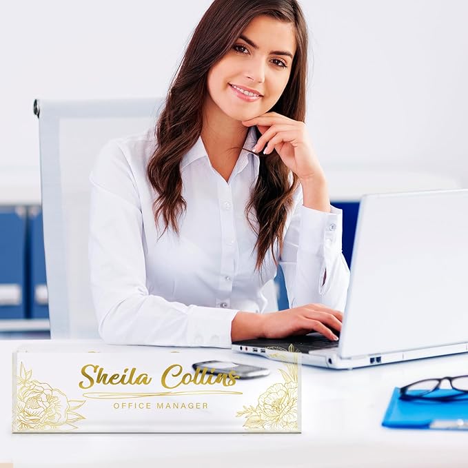 Custom Acrylic Name Plate for Desk, Employee Appreciation Gifts, Office Decor, Personalized with Gold Flowers