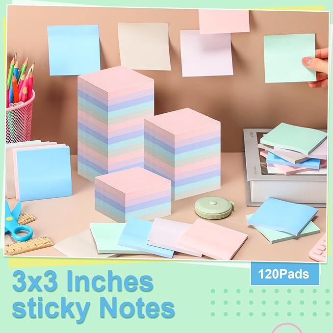 Fainne 120 Pack Sticky Notes Bulk 3 x 3 inch Self Stick Note Pads Multicolor Paper Memo for Office School Supplies Student Teacher Classroom Back to School Essentials, 50 Sheet/Pad(Cute Color)