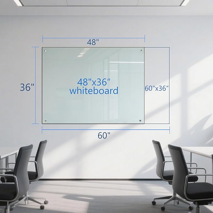 Magnetic Glass Whiteboard - 60"x36" Dry Erase White Board Frameless Glass Boards with Super Strong Magnets, Wall Mounted for Office, School and Home