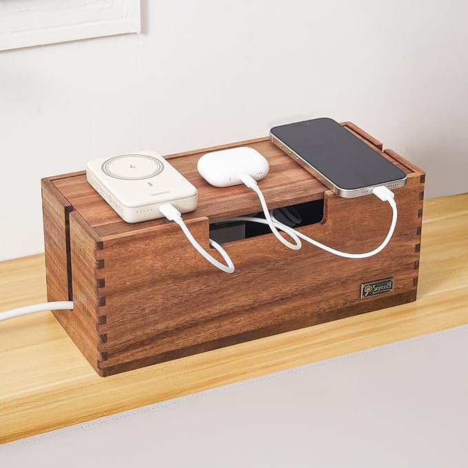Cable Management Box, Acacia Wood Cord Hider Organizer for Power Strips, TV, Desk & Floor Wires, Under Desk Cable Storage Box for Office & Home
