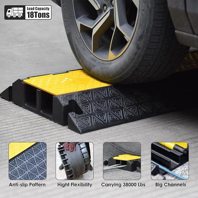 Large 2-Channel Rubber Floor Cable Protector Ramp, Heavy-Duty Floor Cable Wire Cord Cover Speed Bumps, Driveway Hose Cable Ramp Protective Cover (2 Large Channels)