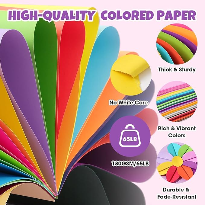 500 Sheets 8.5" X 11" Colored Cardstock, 50 Assorted Colors Construction Paper Card Stock Printer Paper for Printing, Card Making, DIY Crafts,School Supplies,Party Decorations (180GSM/65LB)