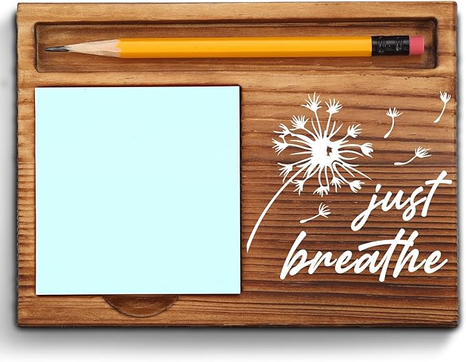 Just Breathe Sticky Note Holder, Mindfulness Desk Gift for Women, Teens, Coworkers, Relaxing Wooden Office Decor with Dandelion Design, Inspirational Self Care Note Pad Holder ZSS89