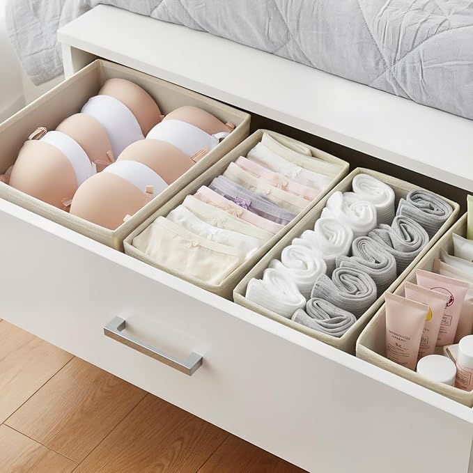 Drawer Organizer Set 4 Pack - Fabric Storage Bins for Underwear Socks Bras Baby Clothes - Closet Dresser Organizers Dividers for Bedroom Nursery, Grey