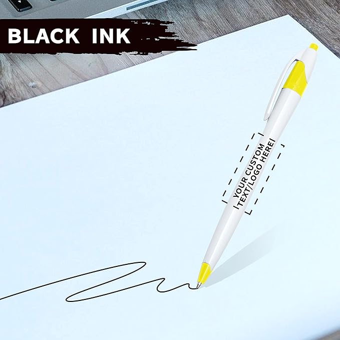 DISCOUNT PROMOS Custom Slim Curvy Ballpoint Pens Set of 10, Personalized Bulk Pack - Black Ink, Retractable, Great for Office, School, Tradeshows - Yellow