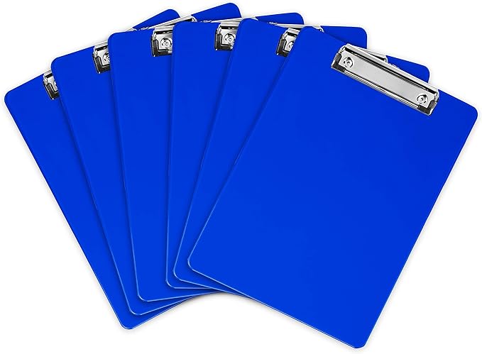 Blue Plastic Clipboard with Low Profile Clip (Pack of 6) - Letter Size Clip Board Blue with Flat Clip, A4 Size Acrylic Clipboard for Boys and Girls | Cute Aesthetic College & Back to School Supplies
