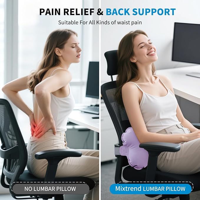 Mixtrend Travel Lumbar Pillow Inflatable Lumbar Support Pillow with Memory Foam, Back Support Pillow for Airplane Long Flight, Essential Travel Support Pillow for Women Men Kids（Lavender）