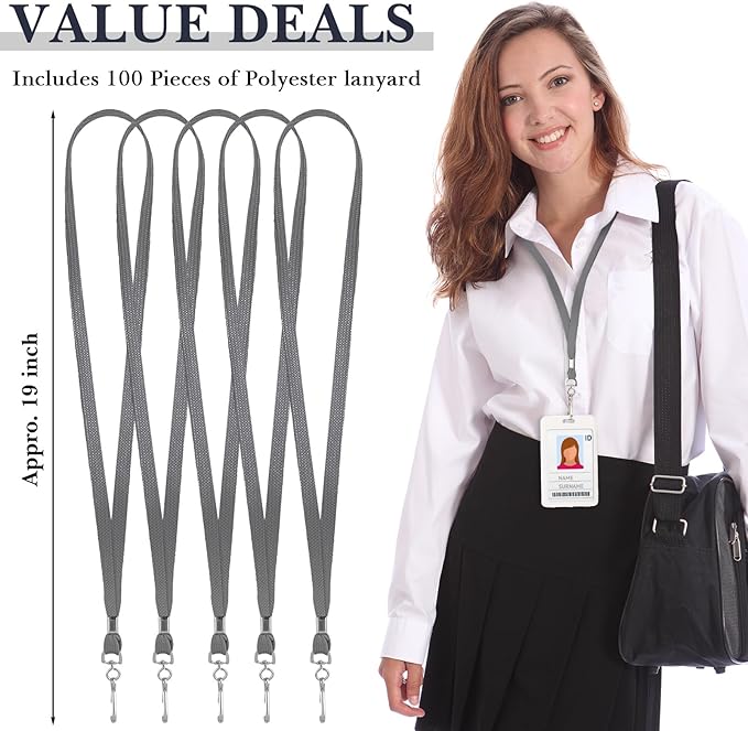 Epakh 100 Pcs Lanyards Bulk for ID Badges Gray Flat Badge Neck Lanyards with Swivel J Hook Clip for Student Teacher