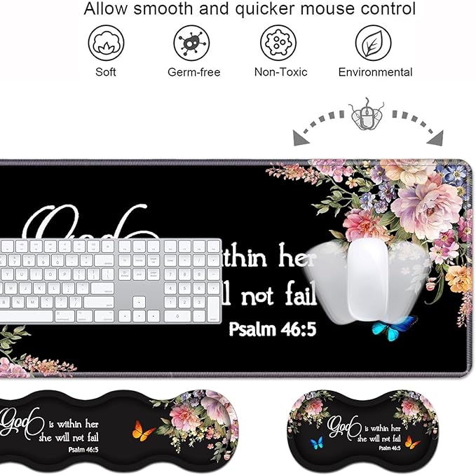 Ergonomic Keyboard Wrist Rest & Mouse Pad Wrist Rest Set, Large XXL Gaming Desk Mat 31.5"x 11.8" with Memory Foam, Easy Typing Pain Relief for Office & Home, Floral Quote Bible Verse Psalm 46:5
