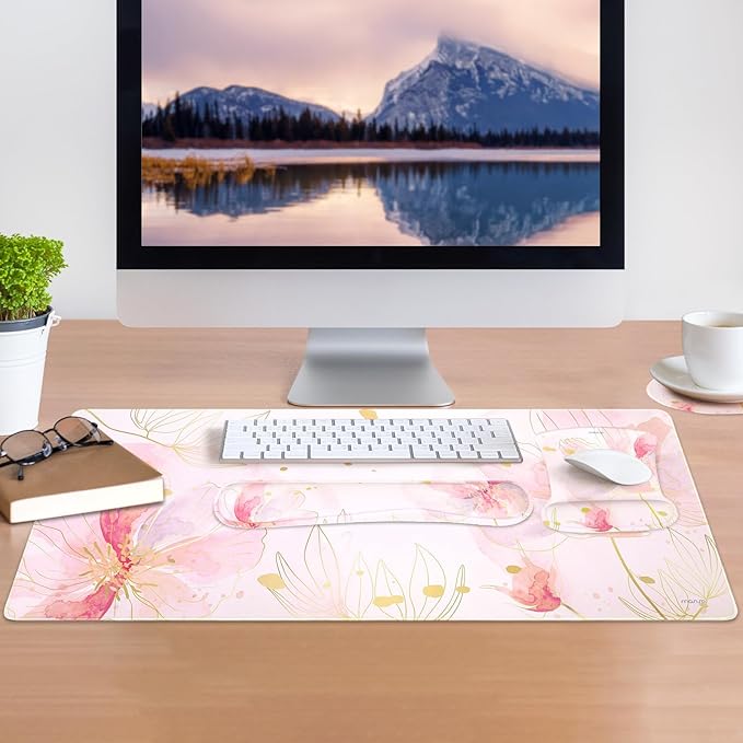 MOSISO Desk Mat Keyboard Mouse Pad Set, Large Gaming Mouse Pad&Keyboard Wrist Rest&Mousepad with Wrist Rest&Coaster, Ergonomic Non-Slip Home Office Mousepad with Memory Foam, Pink