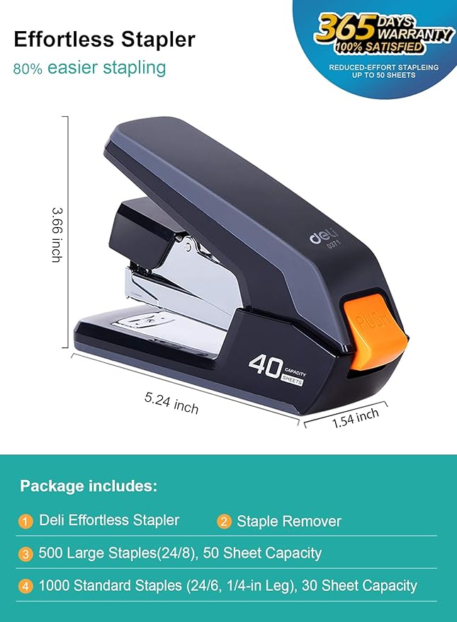 Deli Effortless Desktop Stapler, 40 Sheet Capacity, One Finger Touch Stapling, Easy to Load Ergonomic Heavy Duty Stapler, Includes 1500 Staples and Staple Remover
