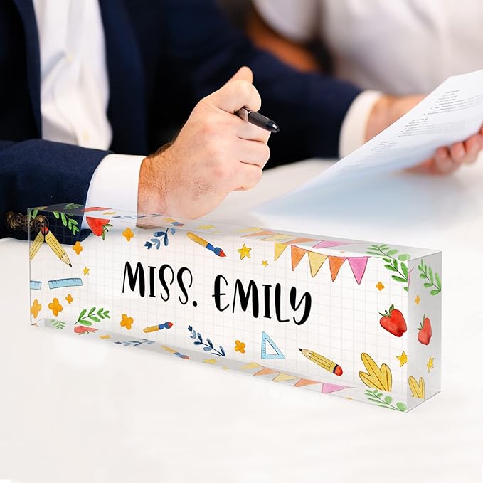 Teacher Office Desk Name Plate Personalized, Custom Name Plates for Desks, Teachers Office Desk Decor, Clear Acrylic Glass Block, Personalized Office Gifts for Teachers Laywers, Appreciation Gifts