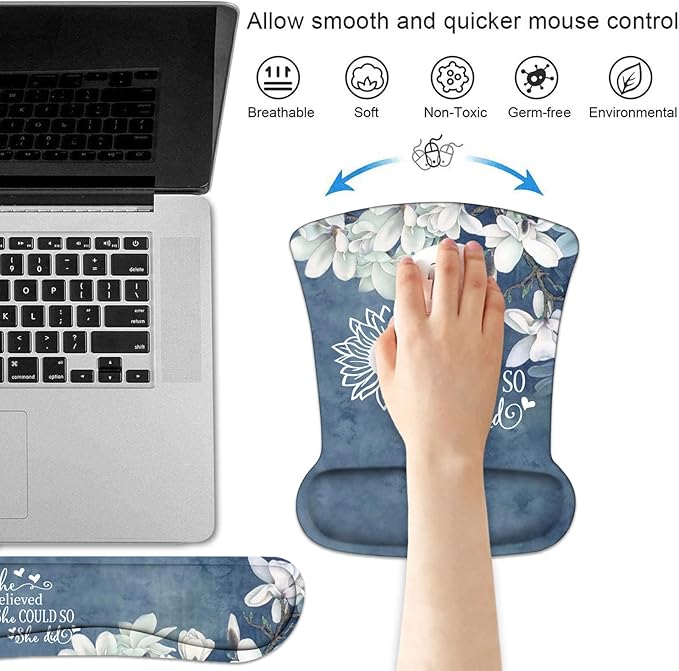 Keyboard Wrist Rest and Mouse Pad Wrist Support Set with Coasters, She Believed She Could So She Did Inspirational Quote Wrist Mouse Pad with Non-Slip PU Base for Home Office Working Studying