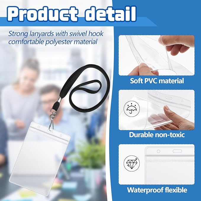 Chuangdi 400 Pcs Large 4 x 6 Inch Clear ID Badge Holder with Lanyard Waterproof Vertical Badge ID Card Holders Clear Plastic Tags Transparent PVC Pouch for Office (Black Lanyard)