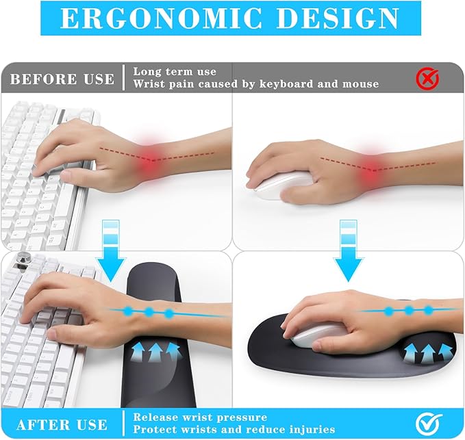 Wrist Rest for Keyboard and Mouse, Ergonomic Gel Computer Keyboard Wrist Rest with Memory Foam, Keyboard Wrist Support Pad for Long Hours of Work, Gaming, Studying-Relieve Wrist Pain (Black Suit)