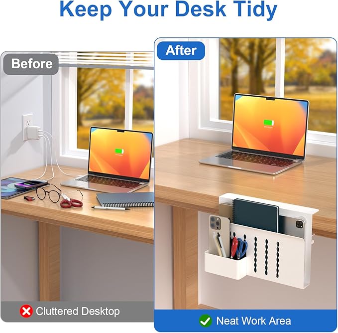 HAMOPY Desk Side Storage, Single-Layer Steel Hanging Desk Organizer with Magnetic Pen Holder, No Drilling Desk Drawer Cable Management Tray, Under Desk Laptop Holder for Office, School&Home(White)